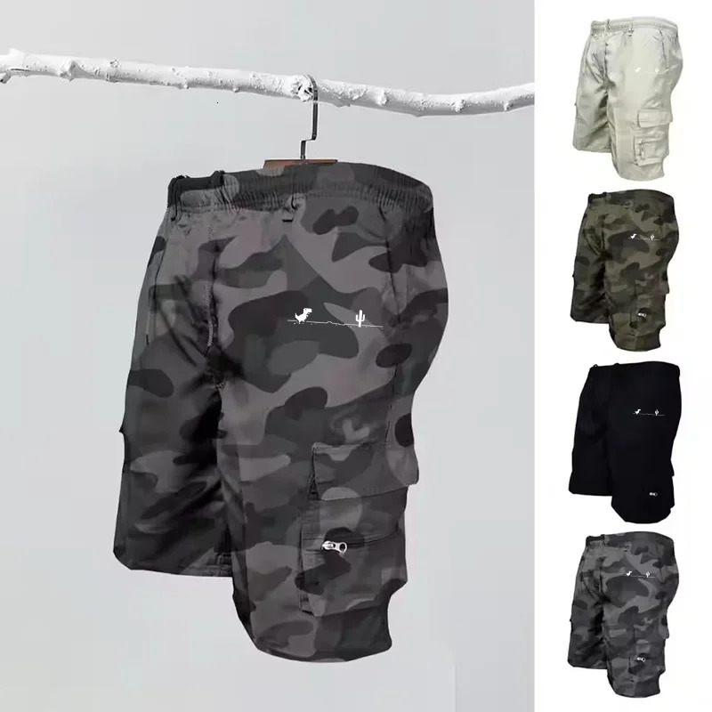 Desert Dinosaur Cargo Mens Prehistoric Cactus Pattern Durable Fabric Hidden Pocket Sunscreen Hiking Shorts 250322