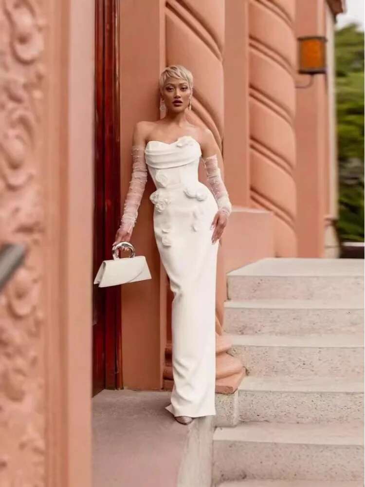 Dongdumaoyi Gebreide Strapless Bandagejurk Met Stoffen Bloemen Elegante Avondjurk Hoogwaardige Mode Damesjurk