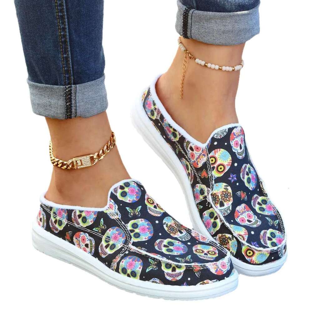 ral Print Canvas Slip-on Round Toe Lightweight Casual Shoes, Women's Comfy Walking Flat Shoes