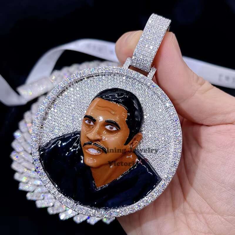 Hip Hop Iced Out VVS Moissanite Diamond Custom Portrait Enamel Pendant Charm
