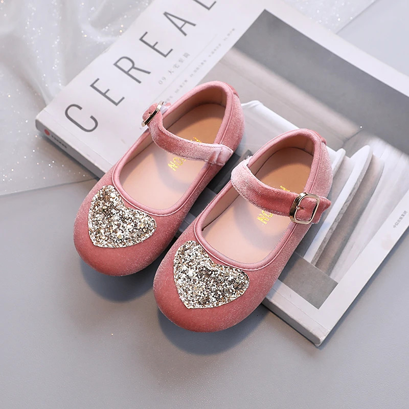 Girls Mary Janes Love Heart Three Colors Velvet Kids Flat Shoes Rouns Toe Beautiful Flexiable Children Princess Shoe 23-33 250326