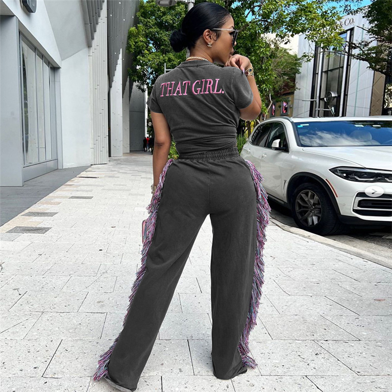 Designer Set New Women's Round Sports Set 2025 Round Neck Embroidered Short Sleeve T-shirt High Waist Colorful Tassel Casual Pants Street Sports 