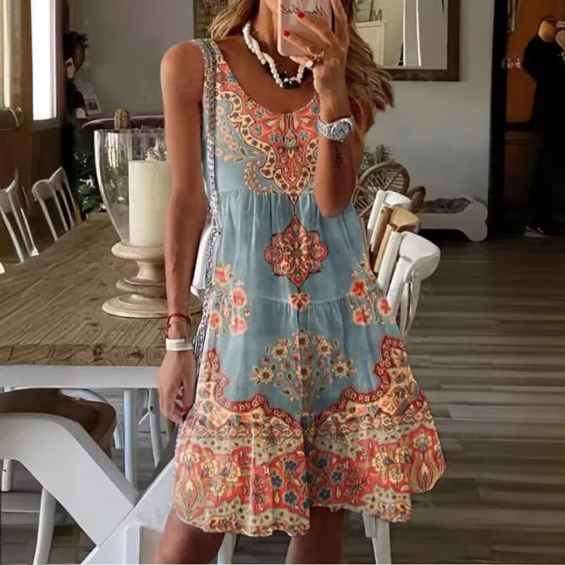 2024 Summer Fashion Printed Sleeveless Vneck Tank Top Womens Holiday Dress 250318