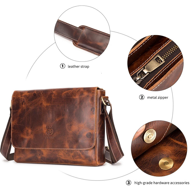 SCHLATUM 100% genuine leather mens shoulder bag messenger cross body small ner handbag Bolso Male 250326