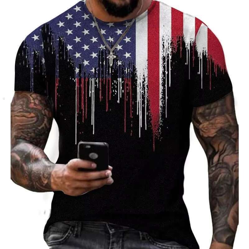 Men s American Flag Pattern T shirt D Printed Color Blocks Neutral Summer Loose Top Round Neck Short Sleeve