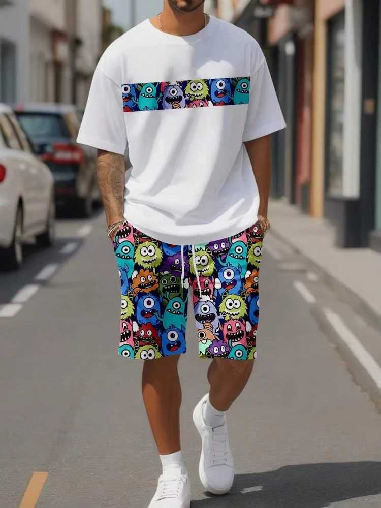 Cute cartoon print summer casual mens clothing city fashion street short sleeved top and shorts casual lightweight breathable COMFXJ250326