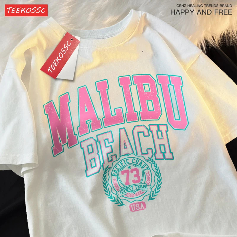 Malibu Beach Simple Letter Printing Mens Fashion Tshirt Cotton Loose Casual Oneck Clothing Oversized Top 250327