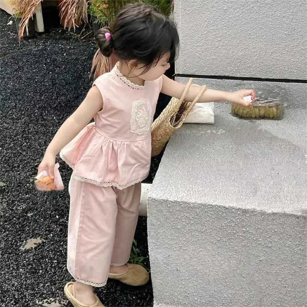 Bear collar 3-7Y summer pink girls casual clothing set sleeveless lace stand up collar top+pants two-piece set childrens clothingT250327