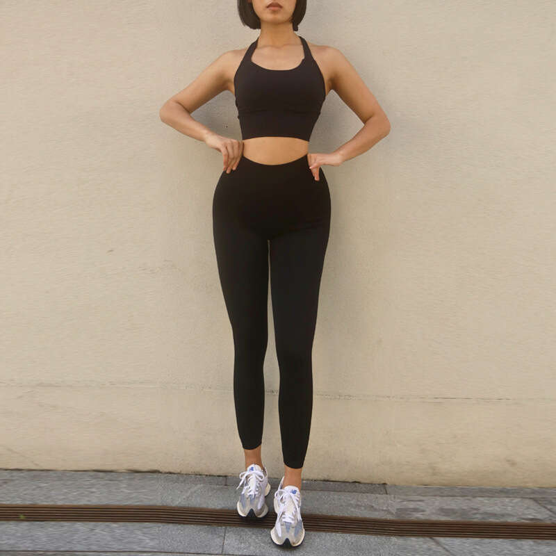 Women Yoga Pants Hanging Neck Gathering Shaping Sports Quick Drying Fitness Suit Running Bra Yoga Suit