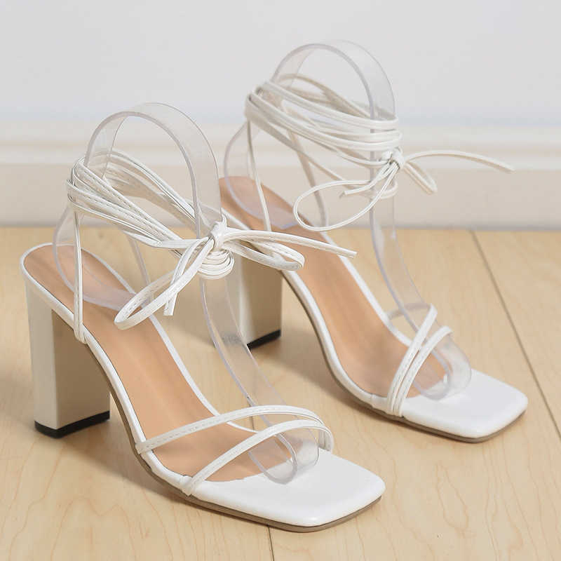 Summer Large Womens Shoes Sexy Square Head Strap Thin Heels Cross Strap Sandals for Women