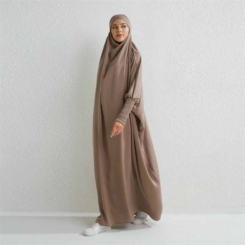 Abaya Hooded Smoking Sleeve One Piece Prayer Dress Womens Jilbab Islamic Clothing Dubai Saudi Black Robe Humility 250326