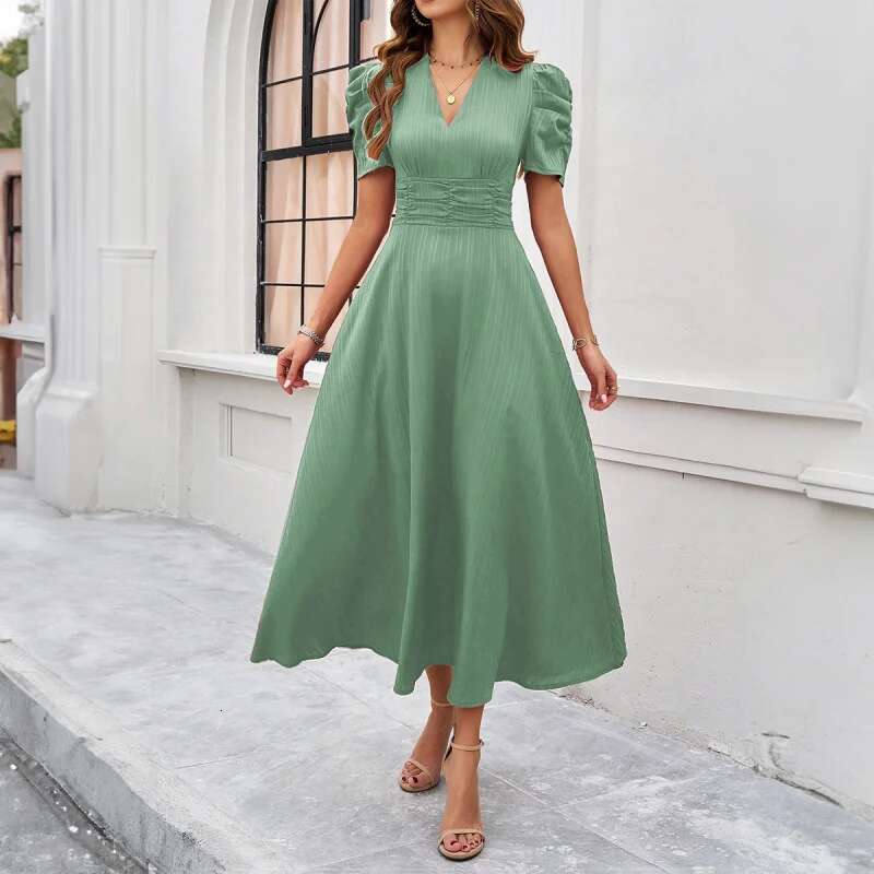 Dongdumaoyi Collectie Lente Zomer Verhoogde Jurk Met Hoge Taille Op Maat Gemaakt Silhouet Korte Mouwen In Effen Kleur
