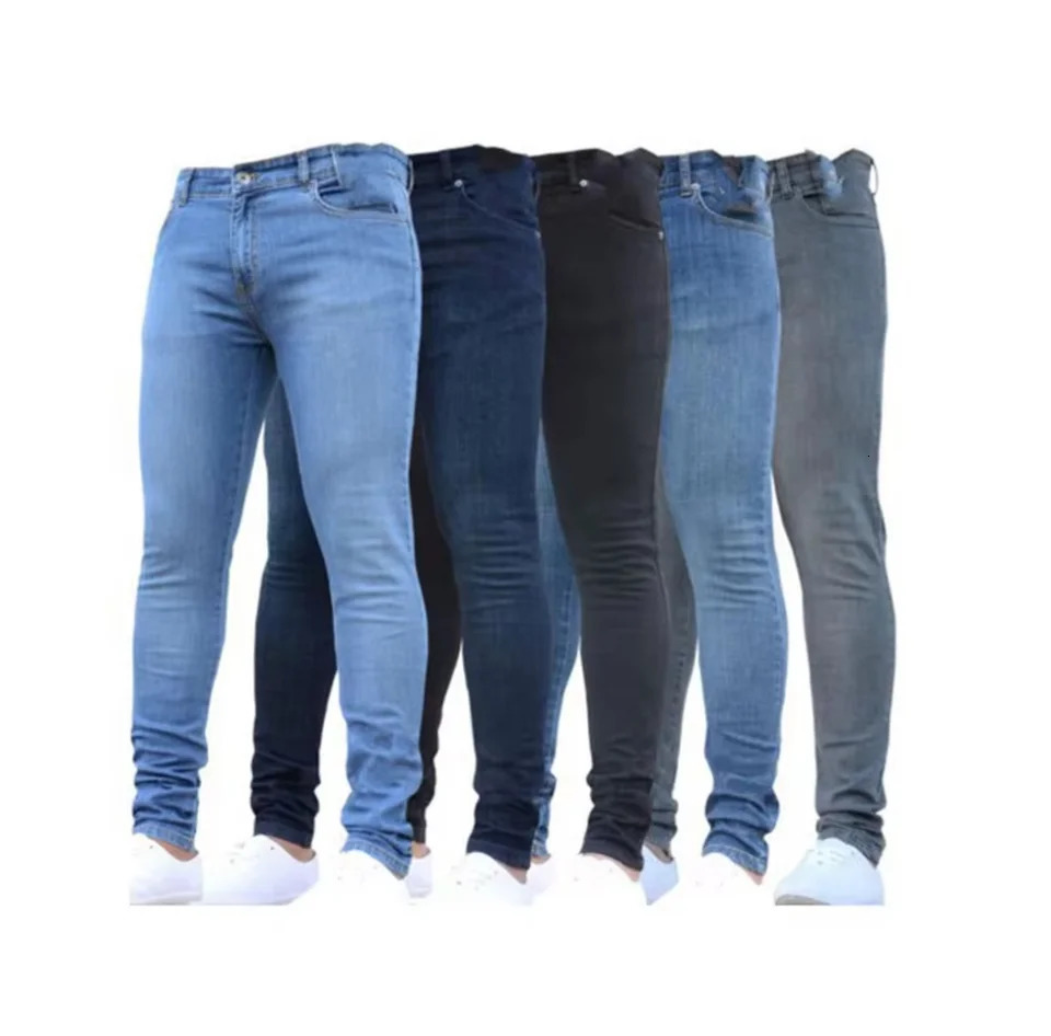 2024 Solid Color Fashion Men Casual Pants Stretch Jeans Skinny Work Trousers Male Wash Slim Fit for Zippered Jeans Men Clothing 250317