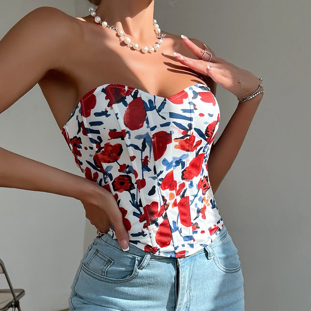 Womens floral top sexy spicy girl vest low cut open back flower wrapped chest diamond fishbone belt 250326