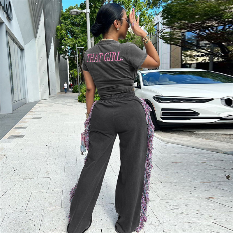 Designer Set New Women's Round Sports Set 2025 Round Neck Embroidered Short Sleeve T-shirt High Waist Colorful Tassel Casual Pants Street Sports 