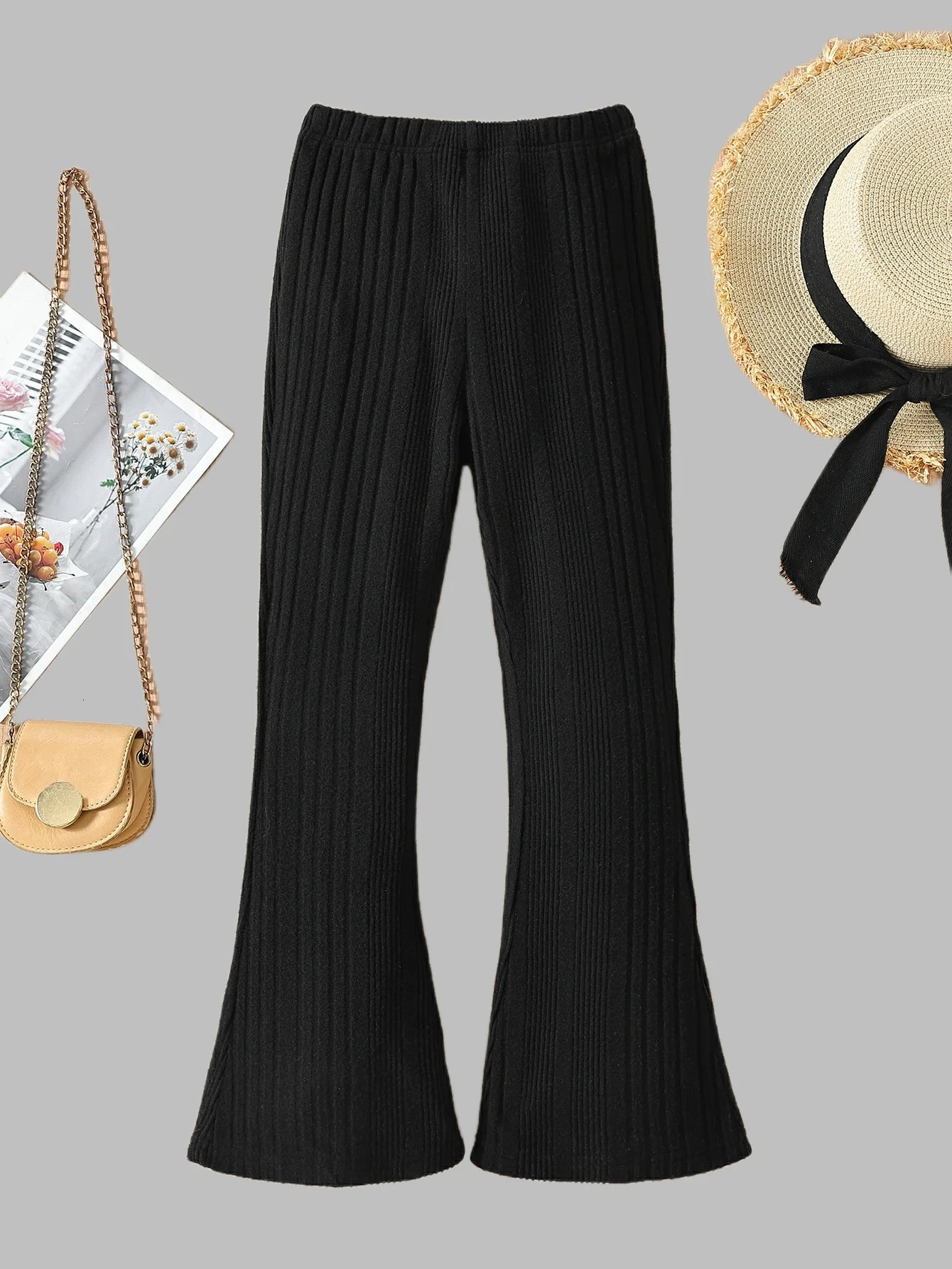 Autumn girl pants slim hole comfortable fully matched high waist black bell bottom 250325
