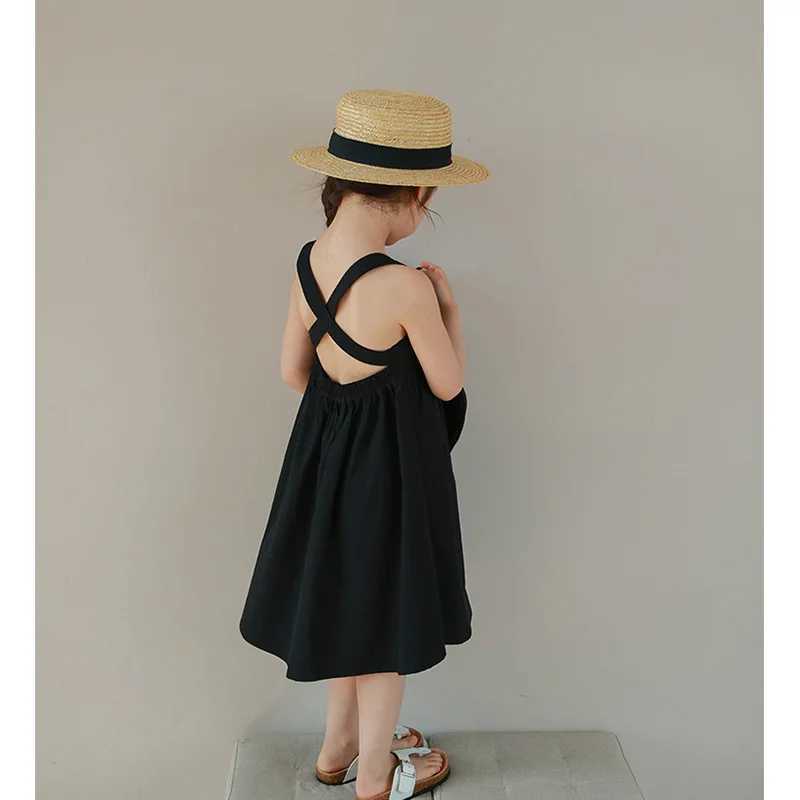 Girl lifting summer new childrens Korean solid color thin pure cotton childrens clothing simple casual childrens dress W250326
