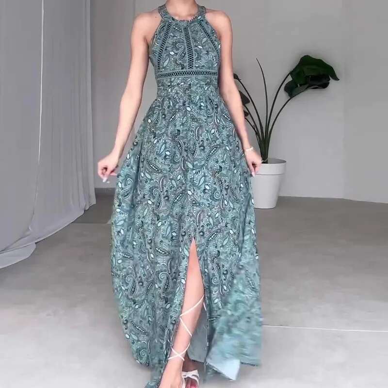 Dongdumaoyi Zomer Nieuwe Mode Gedrukt Ronde Hals Mouwloze Sexy Backless Lange Jurk Voor Vrouwen C