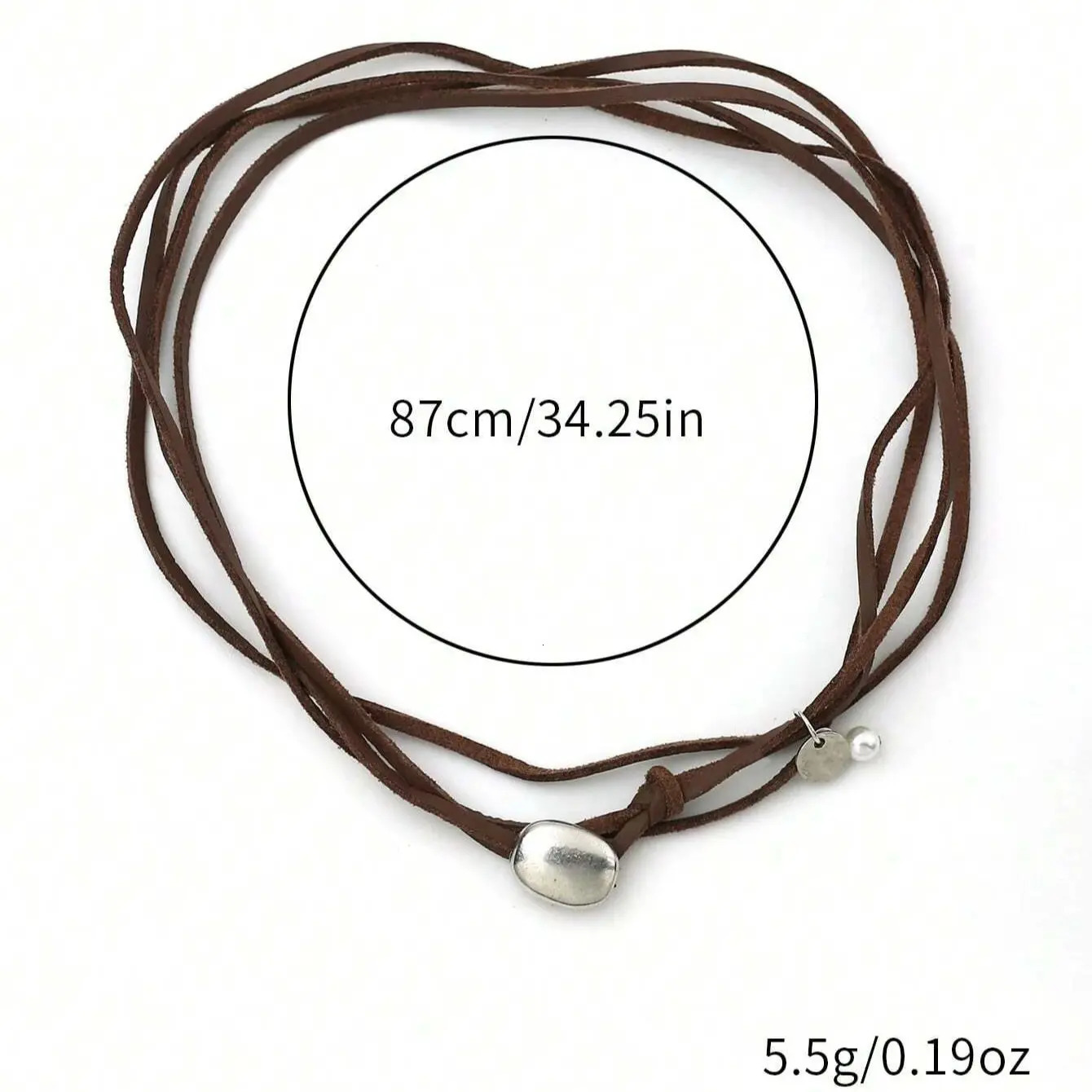 1Pc Retro Round Simple Bohemian Style Leather Rope Metal Pearl Brown Silver Necklace Womens Party Day 250325