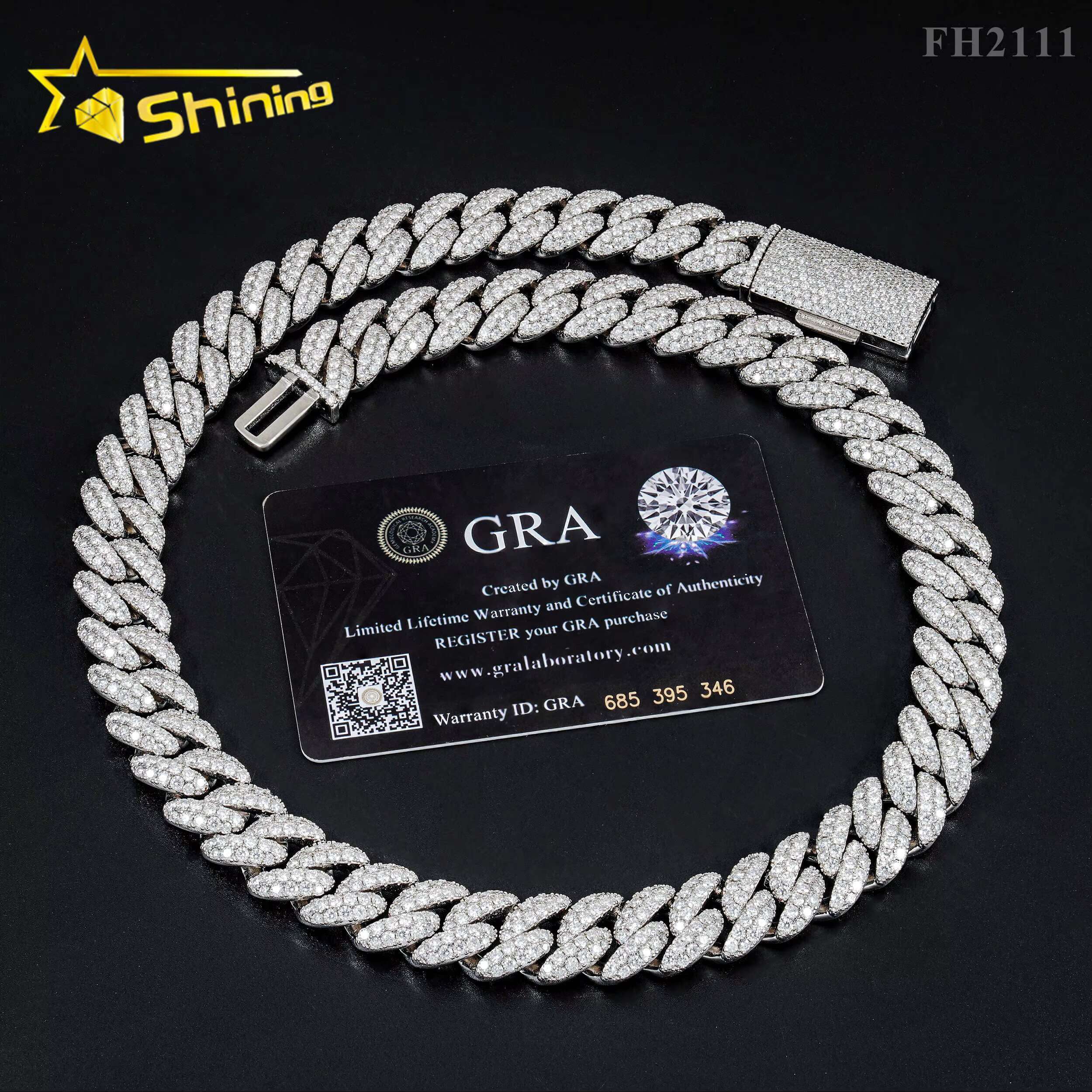 Hip Hop Fine Jewelry Factory Direct Sell 15MM Iced Out 925 Sterling Silver White Gold Plated Moissanite Cuban Link Chain Men