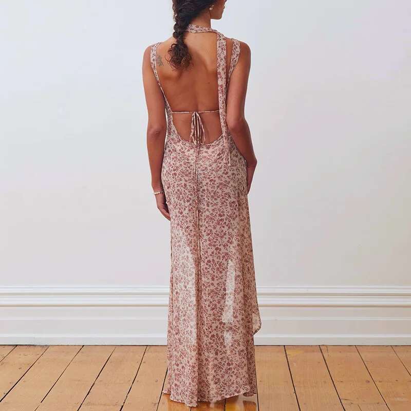 Dongdumaoyi Spring New Strappy Floral Sexy Backless Slit Tie Waist Women S Dress