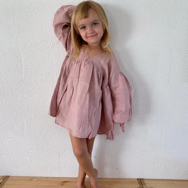 Girls Sweet Bubble Sleeve Linen Dress 2025 Spring Baby Girl Retro Cotton Linen V-Neck Loose Princess Dresses Kids Clothes 250326