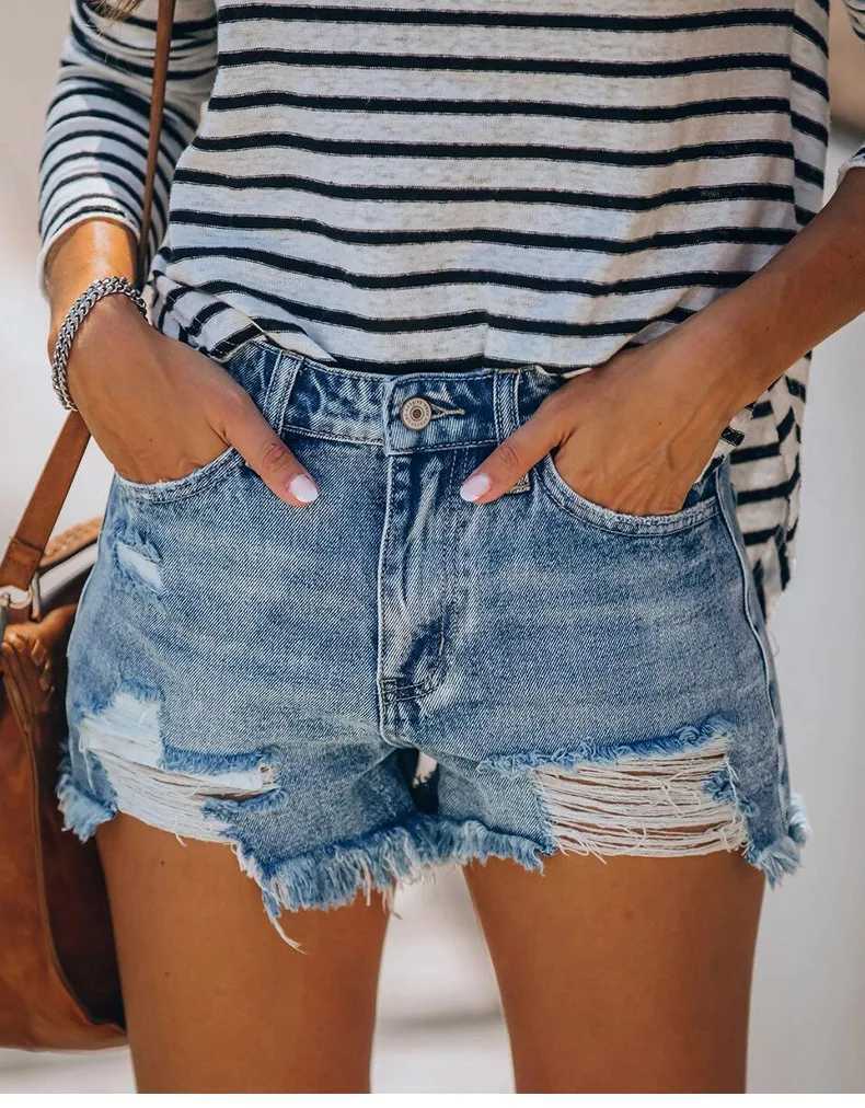 2025 Summer New Womens Ripped Denim Shorts Fashion High Elastic Tassel Straight Jeans Shorts Casual Sexy Ladies ShortsC250327