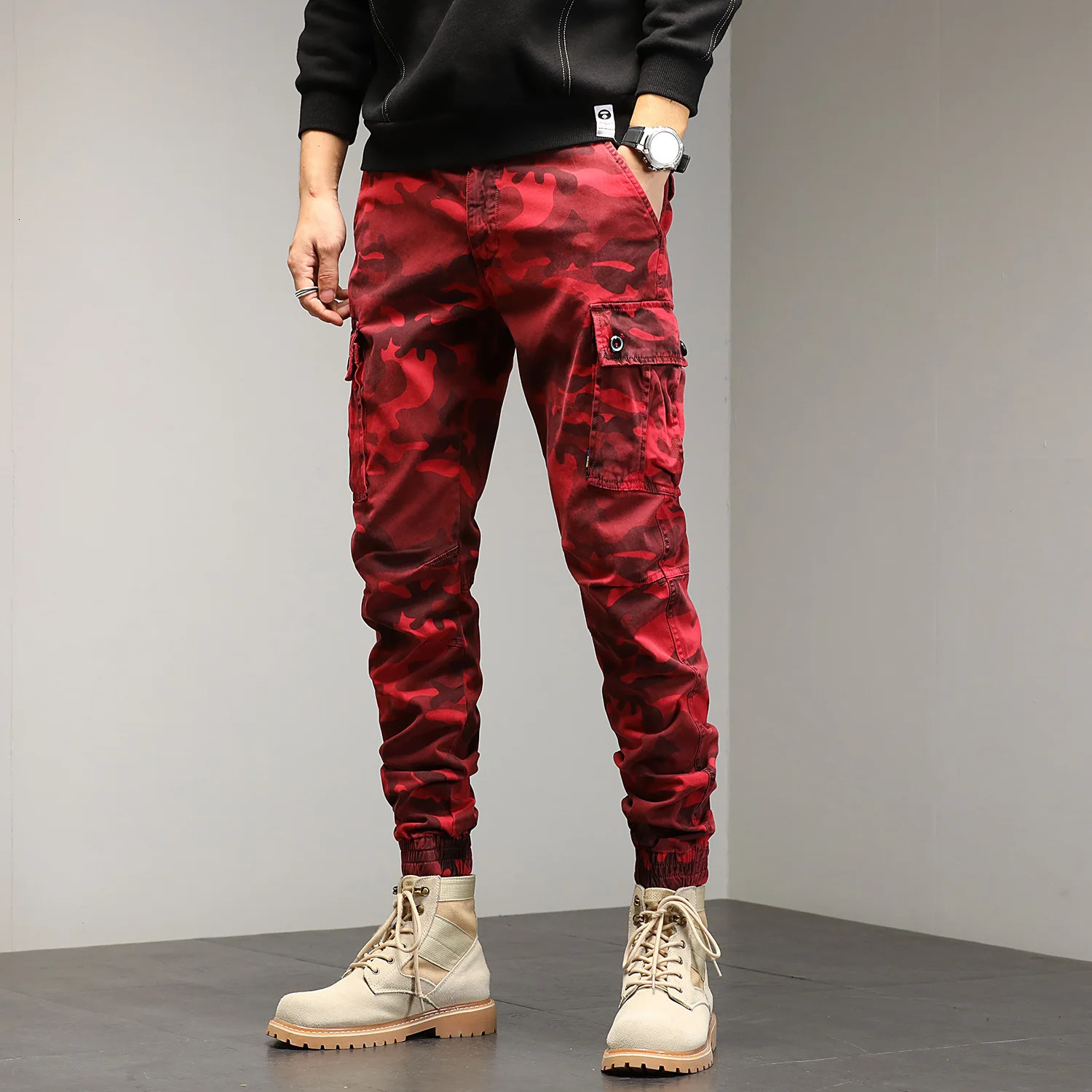 Korean style street clothing products mens ultrathin pants suitable for cotton stretch jogging red camouflage casual fashion trend 250327