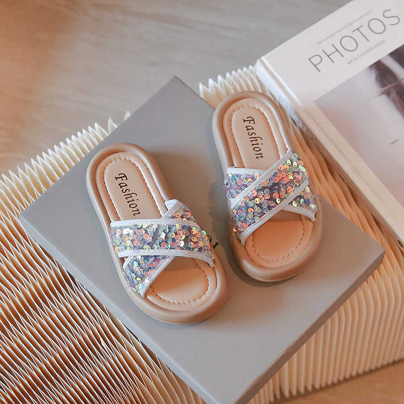 Slipper Girls sandals 2024 summer new childrens shoes little girls casual slippers soft soled anti slip sequined beach shoes S25326