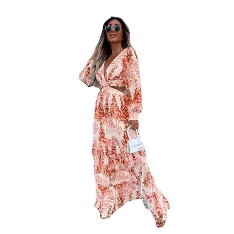 Dongdumaoyi Mode Dames Lente Nieuwe Lange Print V Hals Elegante Jurk Met Mouwen C