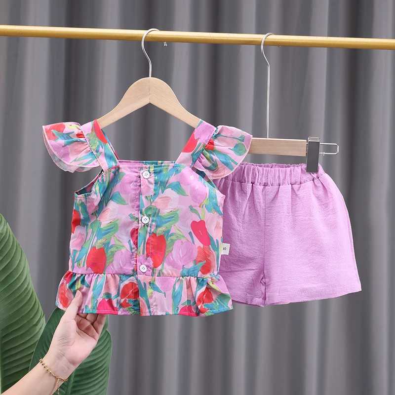 Baby girl summer pleated sleeveless top floral shorts two-piece setT250327