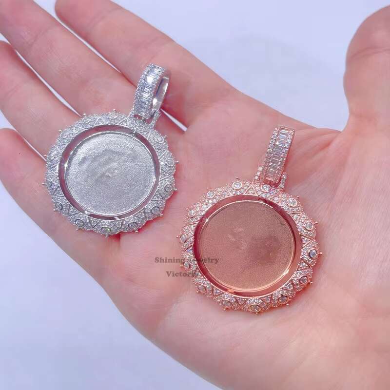 Sterling Silver 925 Double Side Moissanite Diamond Frame Memory Iced Out Picture Photo Pendant