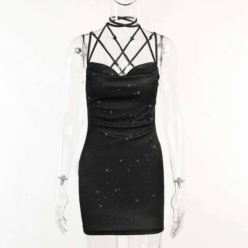 Glitter Temperament Women's Backless Strappy Commuter Short Dresses
