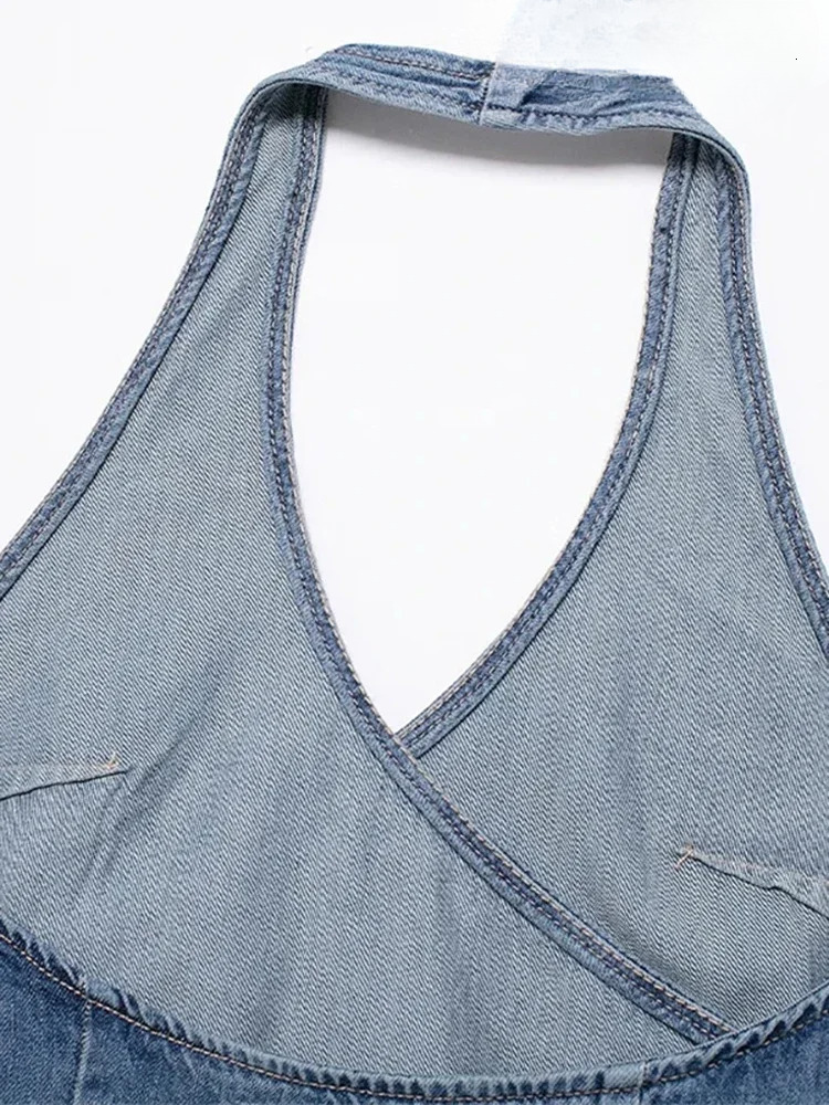QNQO Denim Tank Women Summer Neck-Mounted Sleeveless Chic Casual Tops 2024 New Fashion Solid Female Backless Sexy Crop Top