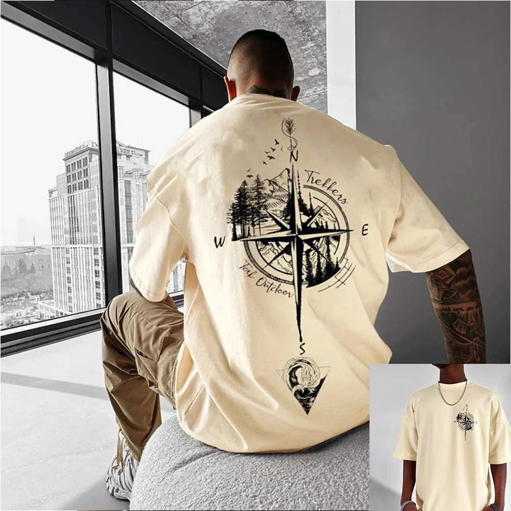 Mens casual crew collar Tshirt with compass landscape print cotton wide pine Harajuku street hiphop Korean style Y2K mens top 250318