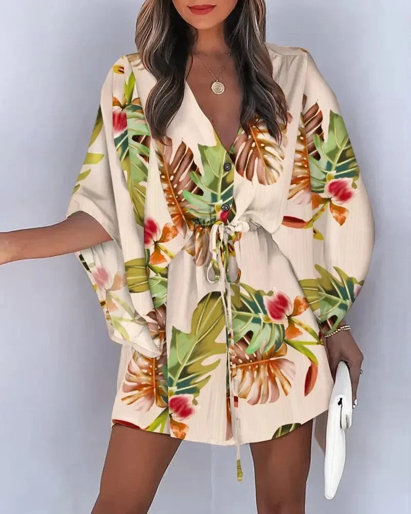 Summer casual brushed lace up mini loose dress with fashionable print batsleeves beach sexy button Vneck womens party cover 250326
