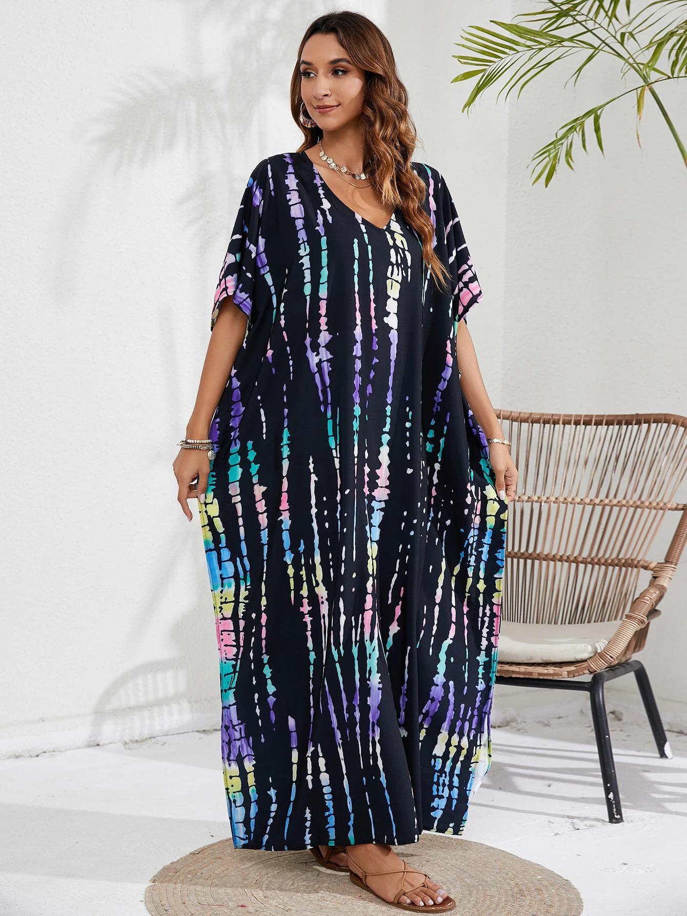 Womens Bohemian overlay plus size tie dye batwing sleeves Vneck Maxkaftan dress 250326