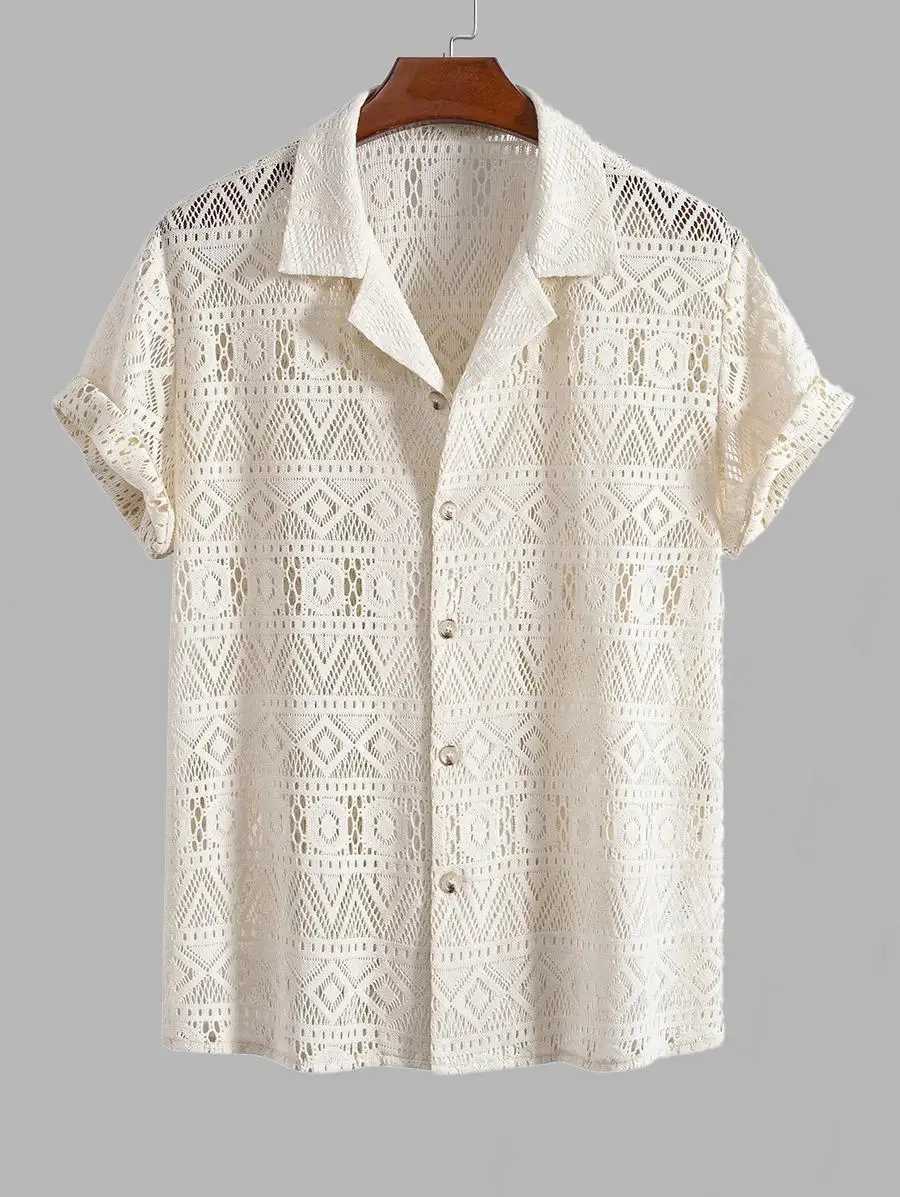 ZAFUL Mens Camping Collar Geometric Pointelle Knitted Open Short Sleeve Shirt and Linen Straight Leg Drawstring Casual Pants SetXJ250326