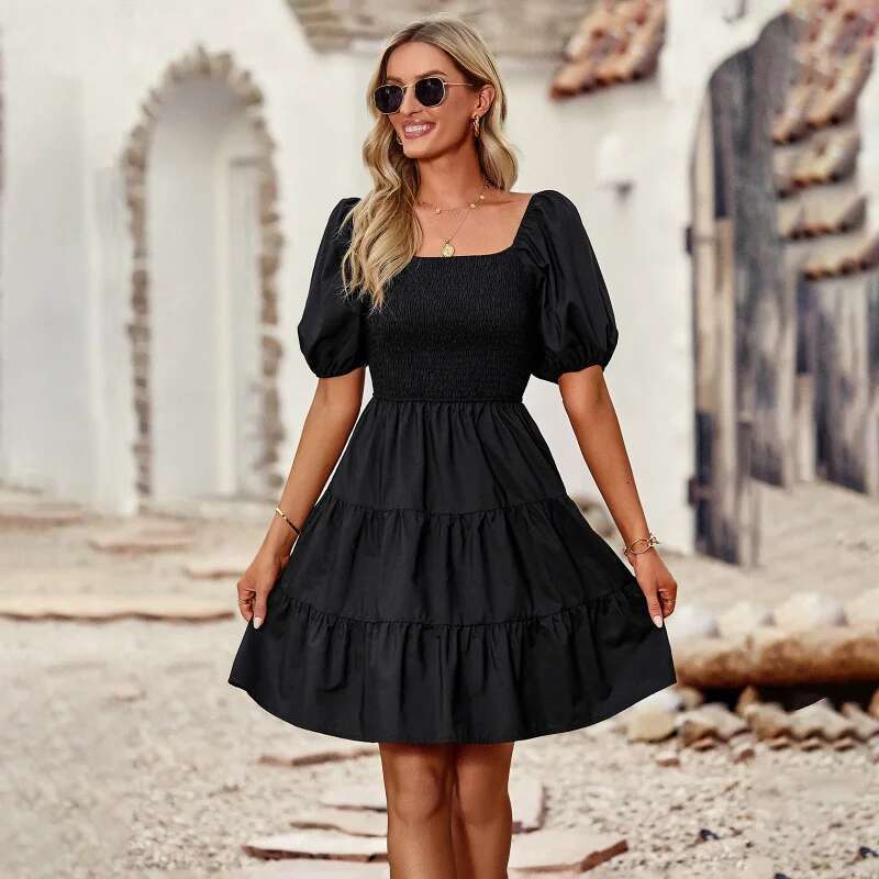 Dongdumaoyi SS Collectie Parijse A Lijnjurk Met Vierkante Hals Zomerse Elegantie Korte Mouwen