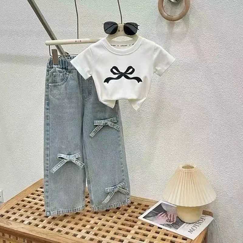Childrens clothing set girls bow top childrens short sleeved T-shirt jeans 2 pieces summer new fashion set 3-10 yearsT250327