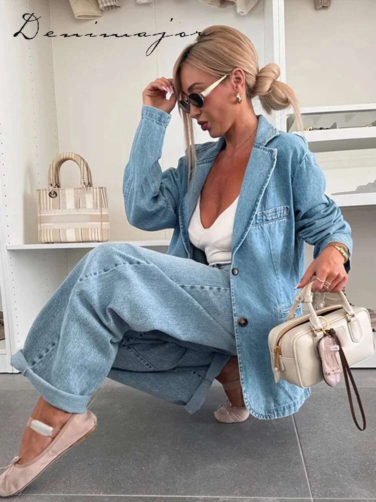 Urban Women Denim Coat Lapel Collar Pockets Single Breated Buttons Long Sleeves Light Blue Loose Spring Casual Female Top