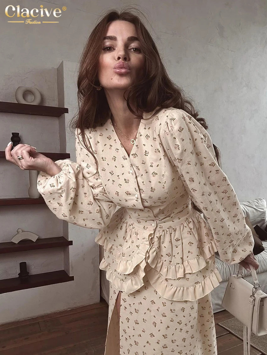 Clacive Fashion loose print womens twopiece set elegant long sleeved shirt high waist ankle length tight fitting 250326