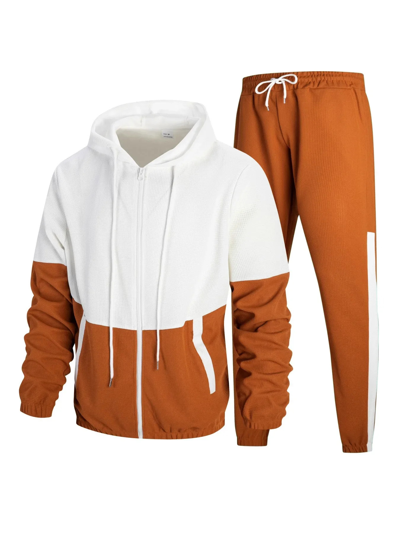 Spring and Autumn Mens Hooded Waffle Color Matching Jacket Double Pocket Long Sleeve Casual Sports Pants Set 250327