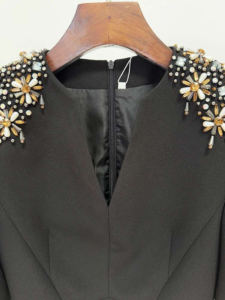 HIGH STREET Newest 2025 Designer Fashion Women's Long Sleeve Dias Beaded Midi Dress
