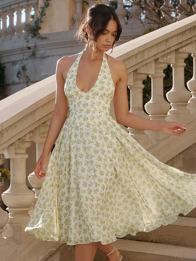 Dongdumaoyi Lente Zoete Stijl Rugloze Halter Mode Bloemenprint Taille Kalkende Veelzijdige Damesjurk Met Volledige Zoom