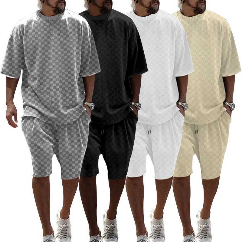 2024 Cross border mens summer plain short sleeved loose large straight casual short sleeved setXJ250326