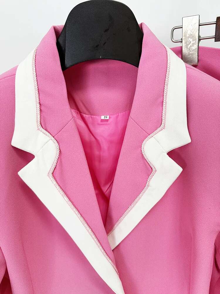 HIGH STREET Newest Fashion 2024 Designer Set Women's Color Block Slim Fitting Blazer Chains Midi Skirt Suit