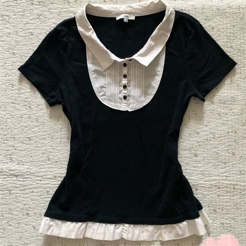 Y2k Sweet SlimTshirt Goth false 2 Pieces Vintage Punk Short Sleeve 2000s Button Crop Top Woman Clothing ONeck Harajuku Korea Tees 250326