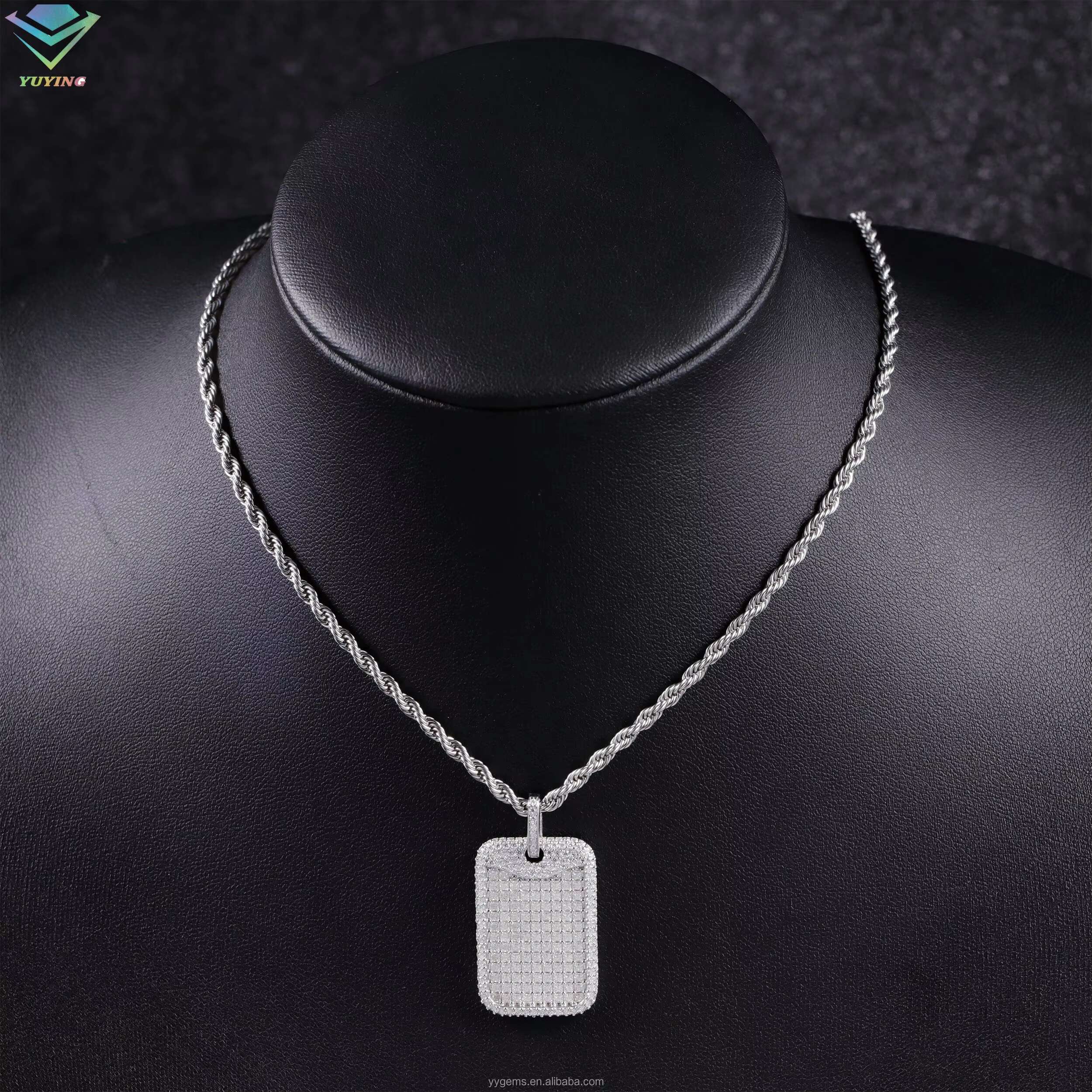 Hot Sale Tag Pendant Rope Chain White Gold Plated 925 Silver Iced Out VVS Moissanite Diamonds Hip Hop Pendant Dog Tag Necklace