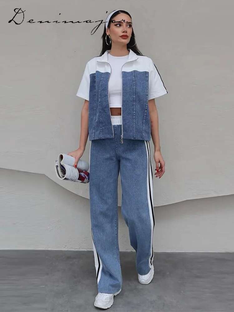 Striped Short Sleeved Pants Sets Women Patchwork Lapel Zipper Jacket Elastic Waist Straight Trouser Summer Casual Lady Suit
